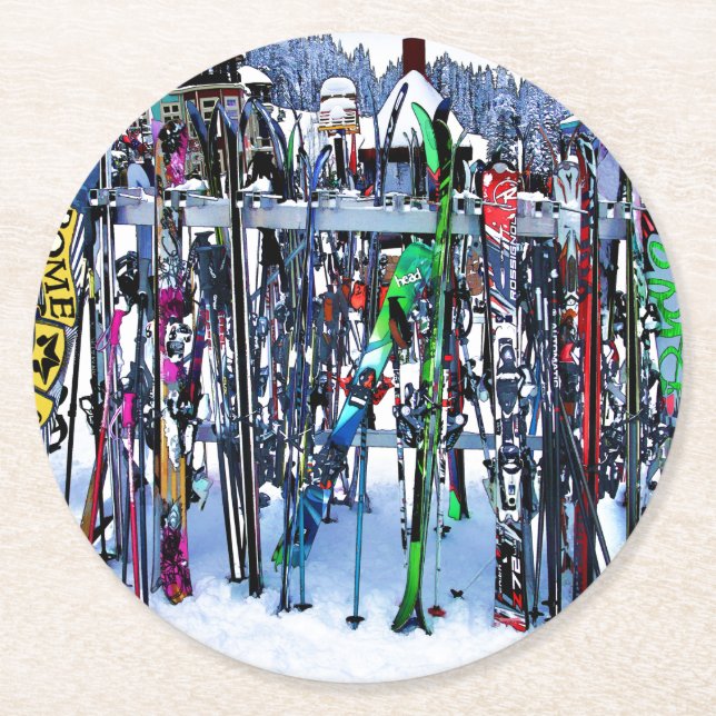 The Ski Party - Skis and Poles  Round Paper Coaster (Front)
