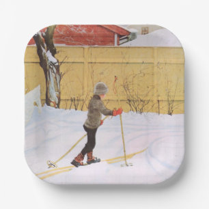 The Skier (Young Boy With Skis) (Winter Scene) Paper Plate