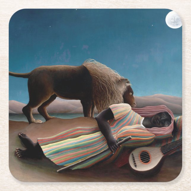 The Sleeping Gypsy, Henri Rousseau Square Paper Coaster (Front)