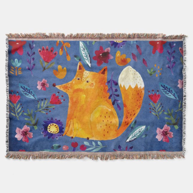 The Smart Fox in Flower Garden Throw Blanket (Front)