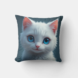 The smile of a white cat with blue eyes cushion