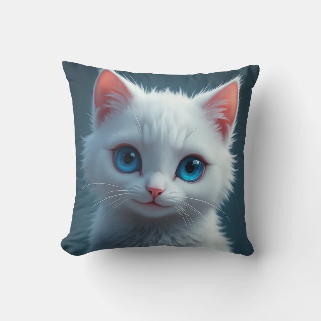 The smile of a white cat with blue eyes cushion (Front)