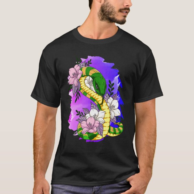 The Snake Pink Flower Reptile Animal Snake T-Shirt (Front)