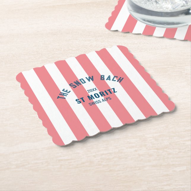 The Snow Bach Pink Cabana Stripe Bachelorette Paper Coaster (Angled)