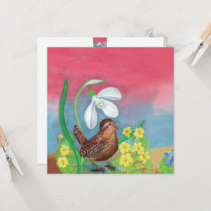 The snowdrop and the wren bird summon the spring  card