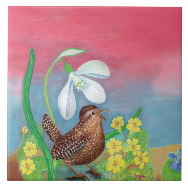The snowdrop and the wren bird summon the spring  ceramic tile (Front)