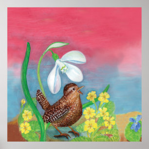 The snowdrop and the wren bird summon the spring poster