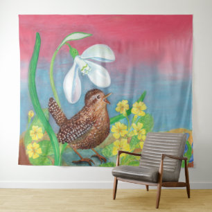 The snowdrop and the wren bird summon the spring tapestry