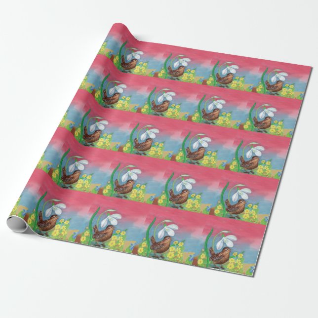 The snowdrop and the wren bird summon the spring  wrapping paper (Unrolled)