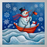 The Snowman paddles on the boat