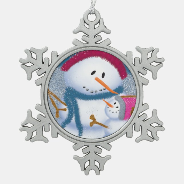 The SnowMomma And SnowGirl Illustration Snowflake Pewter Christmas Ornament (Front)