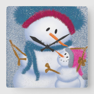 The SnowMomma And SnowGirl Illustration Square Wall Clock