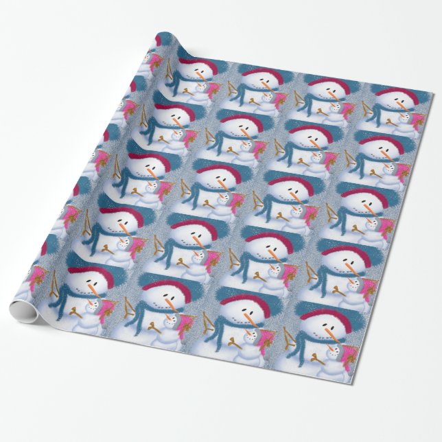 The SnowMomma And SnowGirl Illustration Wrapping Paper (Unrolled)