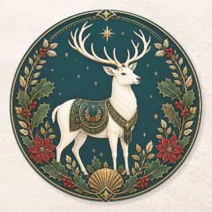 The Sovereign Stag of Winter Round Paper Coaster