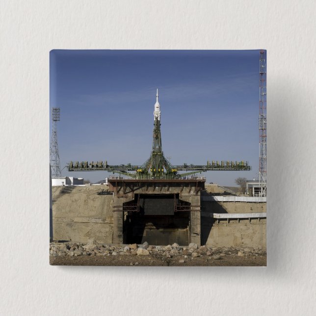 The Soyuz rocket is erected into position 6 15 Cm Square Badge (Front)