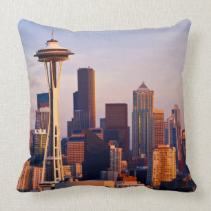 The Space Needle is a tower at dusk in Seattle Cushion
