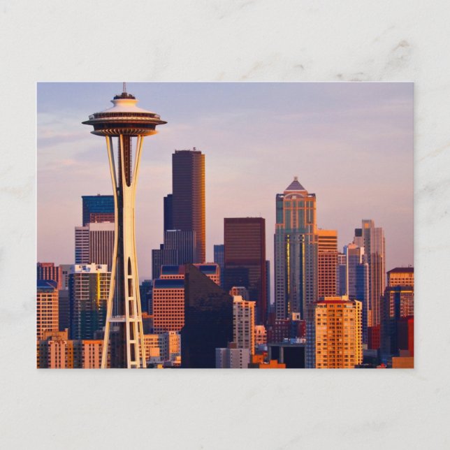 The Space Needle is a tower at dusk in Seattle Postcard (Front)