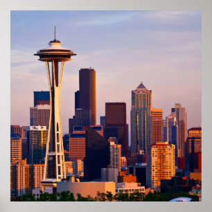 The Space Needle is a tower at dusk in Seattle Poster