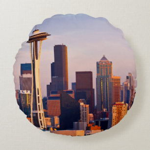 The Space Needle is a tower at dusk in Seattle Round Cushion
