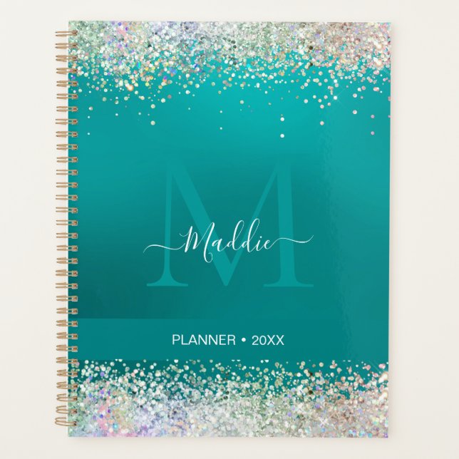 The Sparkle glittery glam teal metallic Monogram Planner (Front)