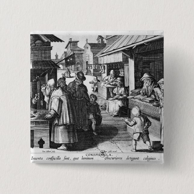 The Spectacles Seller, engraved by Jan Collaert 15 Cm Square Badge (Front)