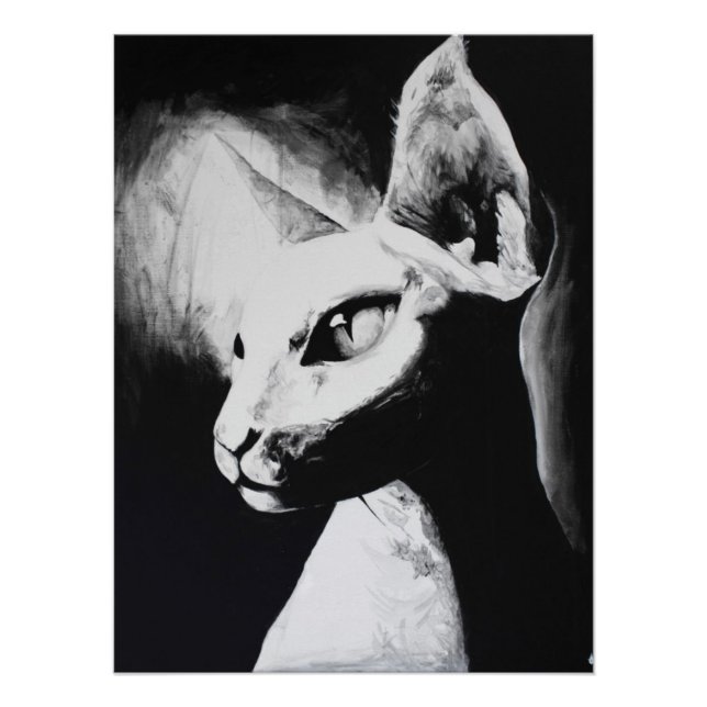 The Sphynx Cat Feline Black & White Original Art Poster (Front)