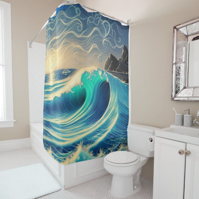 The Splendour of a Blue Wave Shower Curtain (In Situ)