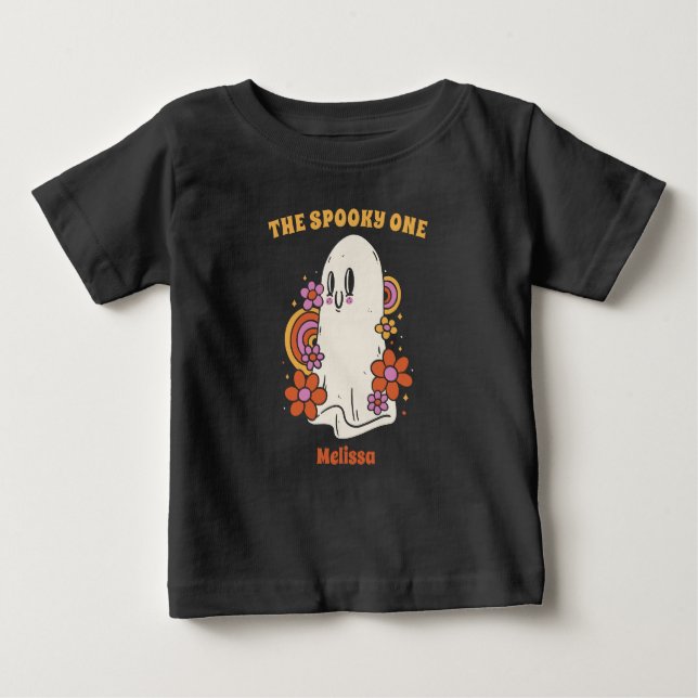 The Spooky One Halloween 1st Birthday Floral Ghost Baby T-Shirt (Front)
