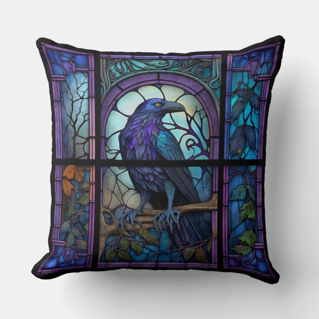 The Spooky Raven Stained Glass Cushion (Front)