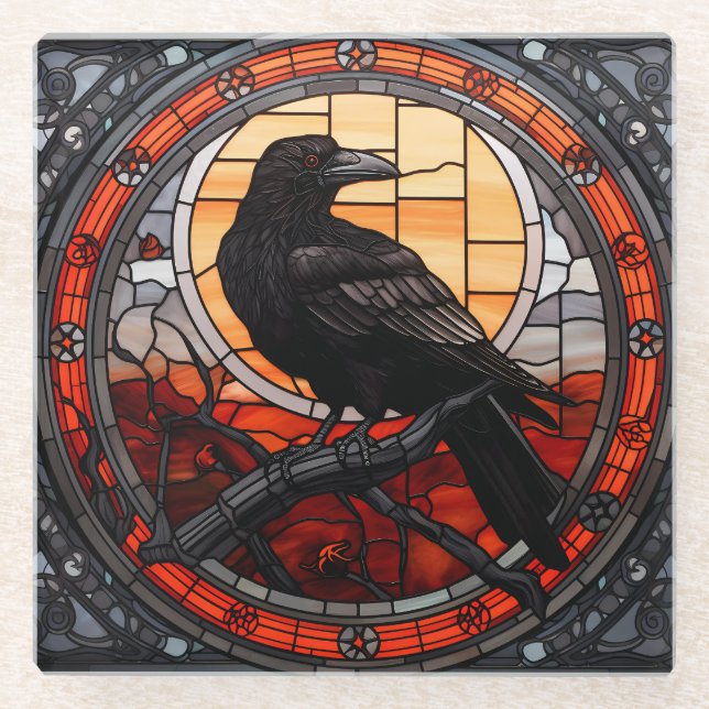 The Spooky Raven Stained Glass Glass Coaster (Front)