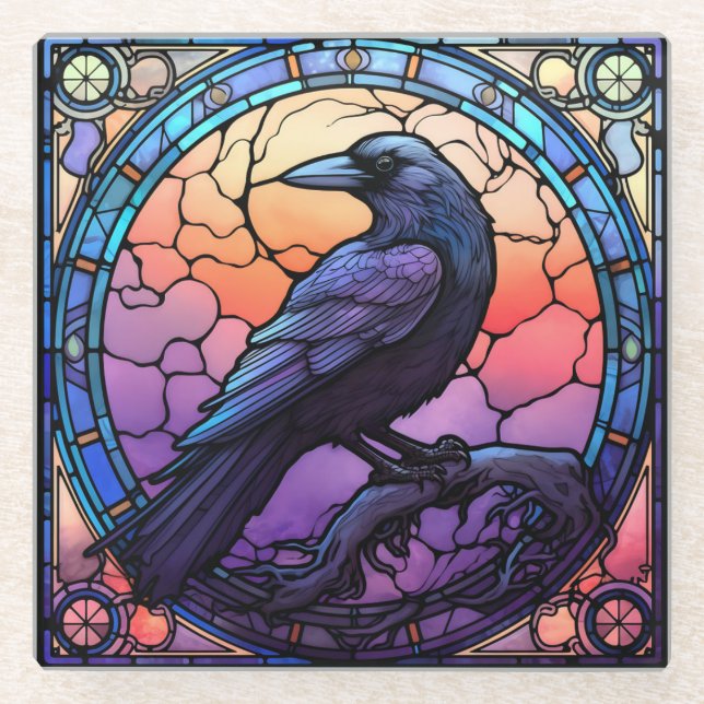 The Spooky Raven Stained Glass Glass Coaster (Front)