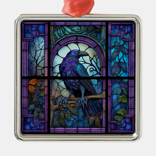 The Spooky Raven Stained Glass Metal Ornament (Front)