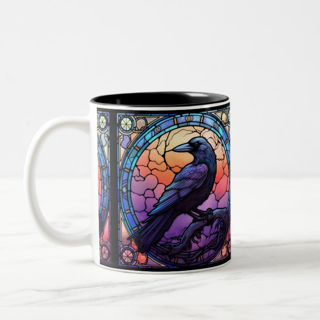 The Spooky Raven Stained Glass Two-Tone Coffee Mug (Left)