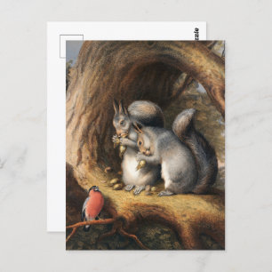 The Squirrels & Bird Under a Tree Chromolithograph Postcard