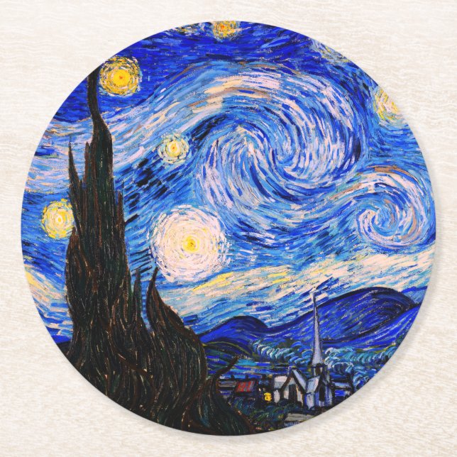 The Starry Night by Vincent Van Gogh Round Paper Coaster (Front)