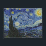 The Starry Night, oil painting, Vincent Van Gogh Postcard<br><div class="desc">Vincent Van Gogh, June 1889 post impressionist modern art oil painting on canvas nighttime landscape painting of a swirly starry blue sky with a bright yellow crescent moon; the planet Venus is also visible. An exaggerated large cypress tree can be seen in the foreground. this painting depicts the view from...</div>