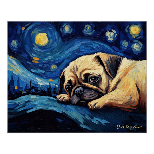 The starry night - Pug Dog 002 - Qian wan Gogh Poster (Front)