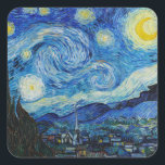 The Starry Night - Vincent Van Gogh Square Sticker<br><div class="desc">View from the psychiatric hospital at Saint-Rémy-de-Provence (France),  just before sunrise,  with addition of an imaginary village. Oil on canvas (1889) by Dutch painter Vincent van Gogh.</div>