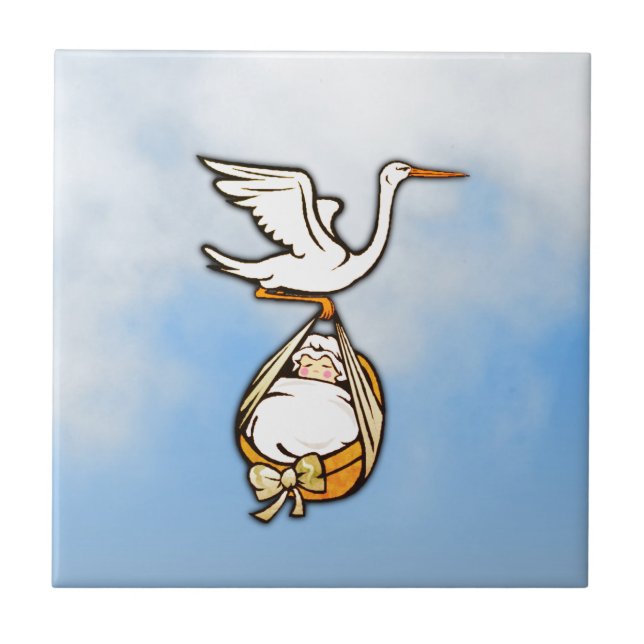 The Stork Carries a Baby Blue Sky Ceramic Tile (Front)