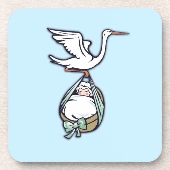 The Stork Carries a Baby Boy Beverage Coaster (Front)