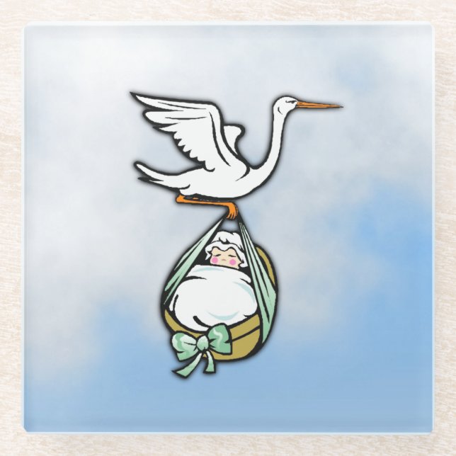 The Stork Carries a Baby Boy Glass Coaster (Front)