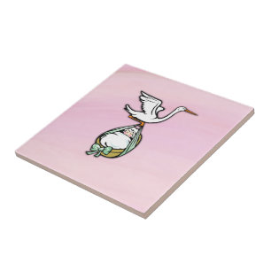 The Stork Carries a Baby Girl Ceramic Tile