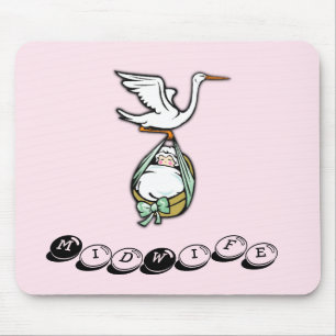 The Stork Carries a Baby Girl with Midwife Mouse Pad