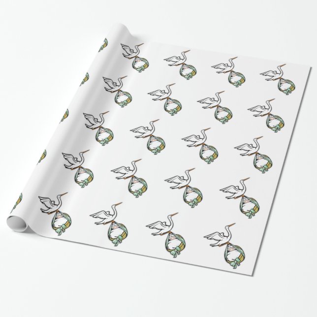 The Stork Carries a Baby Shower Wrapping Paper (Unrolled)