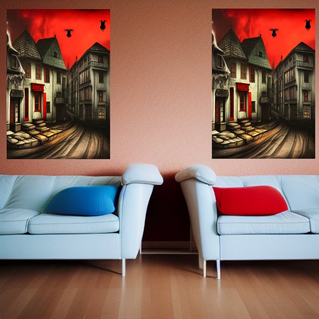 The street in the city and red sky | AI Art  Poster (Creator Uploaded)