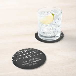 The String Lights On Chalkboard Wedding Collection Round Paper Coaster