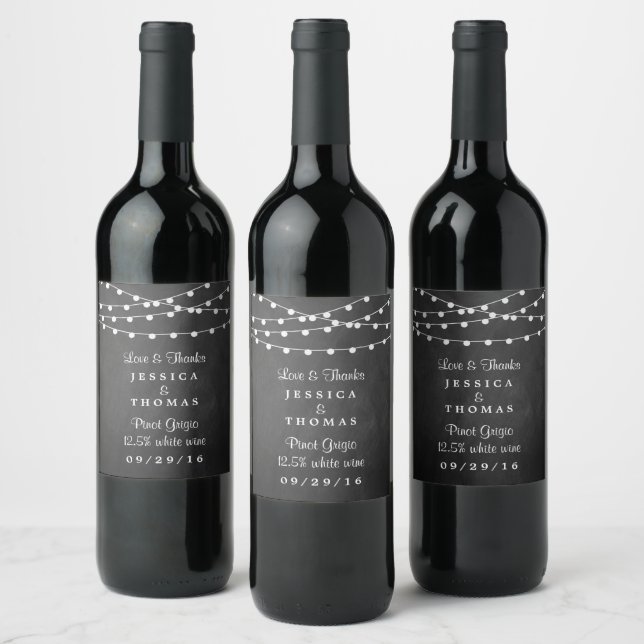 The String Lights On Chalkboard Wedding Collection Wine Label (Bottles)