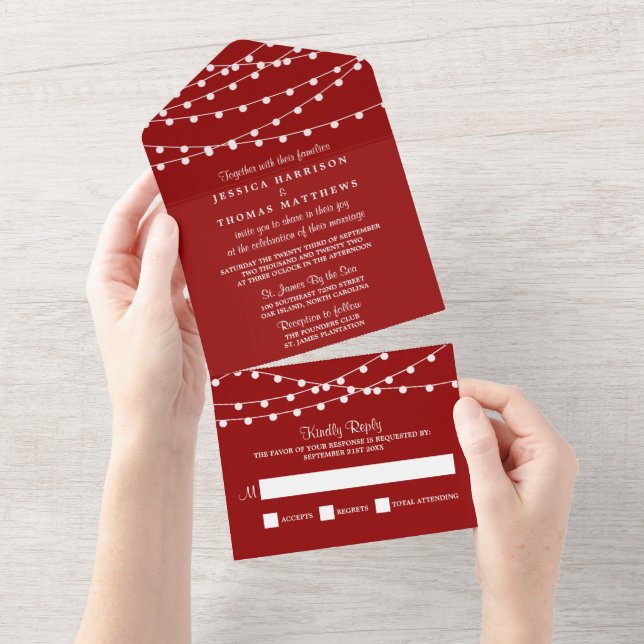 The String Lights On Red Wedding Collection All In One Invitation (Tearaway)