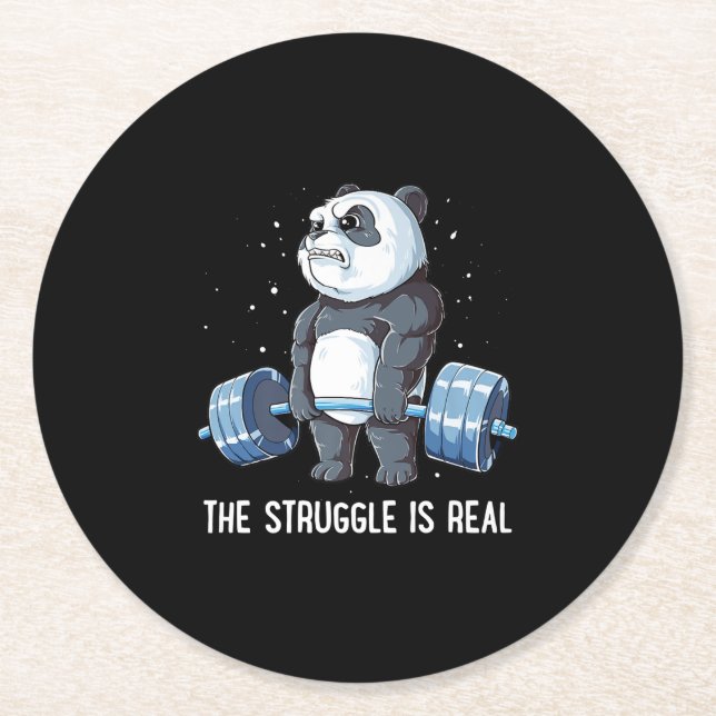 The Struggle is Real Panda Weightlifting Round Paper Coaster (Front)