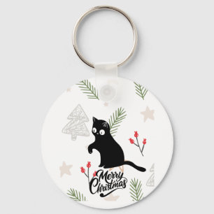 The stylish cartoon black cat Merry Christmas Key Ring